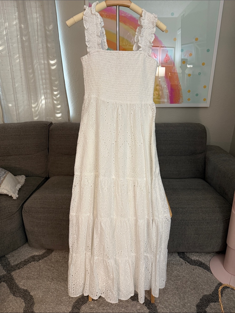 Lucy Paris White Eyelet Smocked Maxi Dress with Ruffle Straps